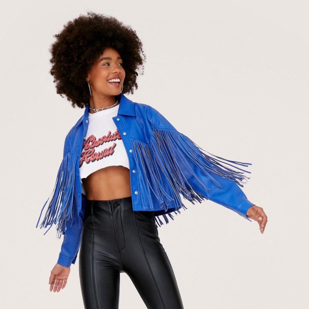 Blue Fringe Faux Leather Western Jacket (NastyGal Women’s Size Small)